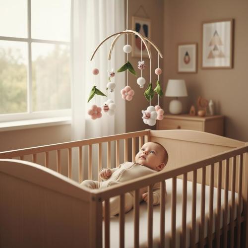 Wooden Baby Mobile, Infant Bed Bell Rattle Toy, Newborn Hanging Mobile for Crib, Neutral Nursery Decor
