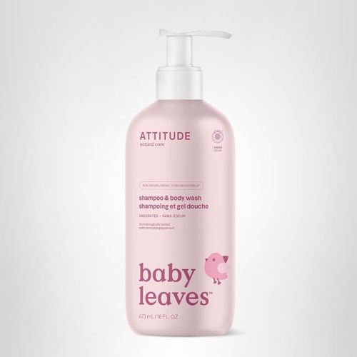 ATTITUDE Baby 2-in-1 Shampoo & Body Wash, EWG Verified, Fragrance Free & Dermatologically Tested, Vegan, Unscented, 16 Fl Oz