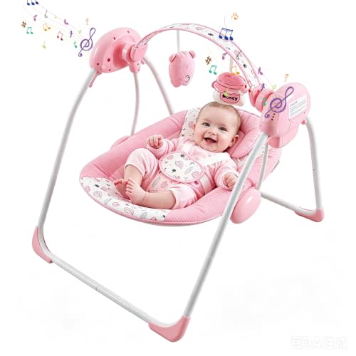 Baby Swing for Infants, Compact Foldable Newborn Swing with 5 Speeds, Music & Soothing, Cute Floral Pattern Soft Cushion Seat,Timer & Removable Bar, Indoor Use, 0-9 Months (6-20 lbs) Pink