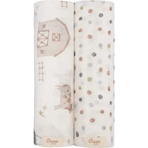 Crane Baby Charlie 2-pc. Farmhouse Tractor Dot Swaddle Set, 100% Cotton Muslin Swaddle for Newborns, Baby Boy Blanket Neutral, Infant Receiving Blankets for Boys, Rustic Farm Nursery Decor