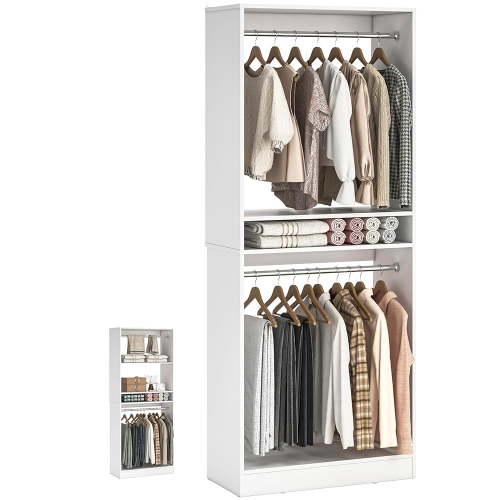 Homieasy 25” Closet System, Freestanding Closet Organizer Wardrobe with Hanging Rods and Shelves, Adjustable Clothes Garment Rack, Sturdy Walk in Closet Tower, White