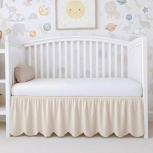 Mindsoft Beige Scallop Edge Cotton Crib Skirt Stripe Farmhouse Chic Nursery Bed Skirt Gender Neutral for Baby Boys Girls Fits Standard Cribs Toddler Beds, 52" x 28" x 16" Drop