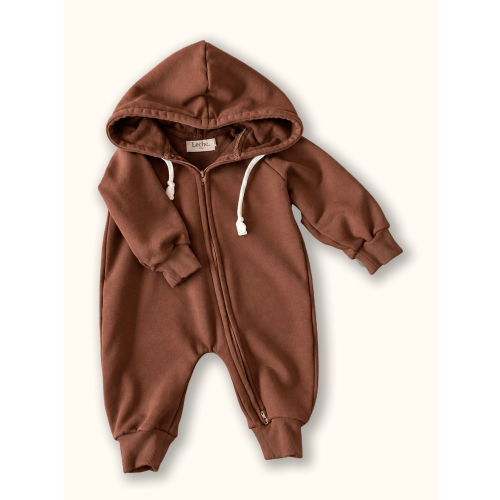3-6 Months - Fleece Baby Hoodie Romper in Chocolate | Leche. Baby