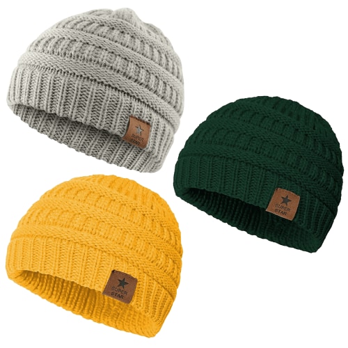 Tisoloow Baby Beanies, Warm Knit Winter Hats, Soft Toddler Caps, Light Grey Yellow Green, One Size