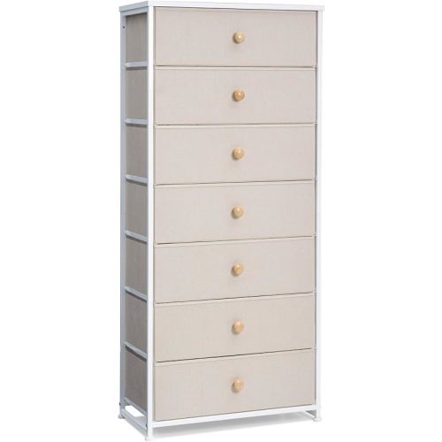 Crestlive Products Tall Dresser, 7-Drawer Wide Fabirc Storage Tower, Chests of Drawers - Vertical Organizer Unit for Bedroom, Hallway, Entryway, Nursery, Wood Top, Closets with Handles (Beige)