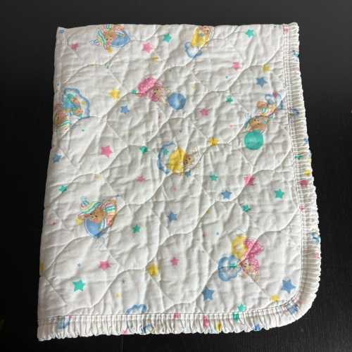Vintage 90s BrushCreek Baby Crib Quilt Blanket White Stars Balloons Teddy Bear