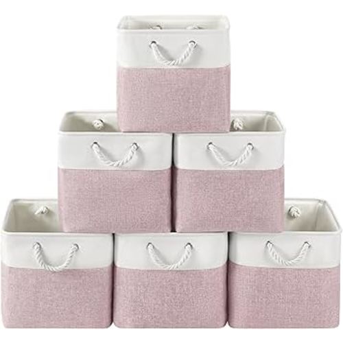 13 x 13 Inch Cube Storage Bins, 6 Pack Fabric Storage Basket with Handles, Foldable Boxes Organizer for Shelf Baskets for Home, Clothes (White/Pink)