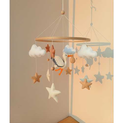 Stork Baby Mobile: Felt Clouds & Stars, Neutral Nursery Decor