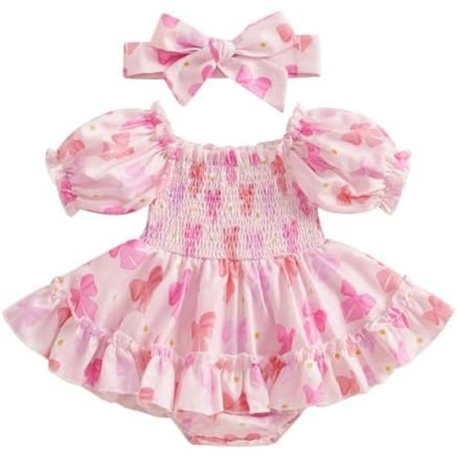 Newborn Infant Baby Girl Smocked Bubble Summer Short Sleeve Romper Dress Pink Bow Onesie + Headband