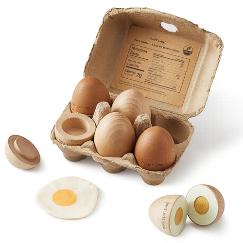 Tiny Land Wooden Play Food for Kids Kitchen, Pretend Food Egg Set Toy | 6PCS Fried Egg&Realistic Carton Cutting Set for Kid, Play Kitchen Accessories, Montessori Toy for Boy and Girl