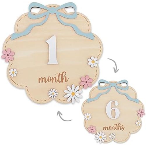 Wooden Baby Monthly Milestone Sign Set with Pink Bow, 1–12 Month Cloud Shape Photo Prop, Floral Baby Girl Growth Tracker Nursery Decor (Blue)