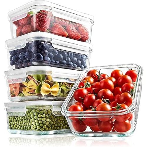 NutriChef 10-Piece Superior Glass Food Storage Containers Set (5 Containers + 5 Locking Lids),Stackable Meal-prep Design, BPA-free Airtight Clear Locking lids with Vent Lids & Air Hole, NCCLX5