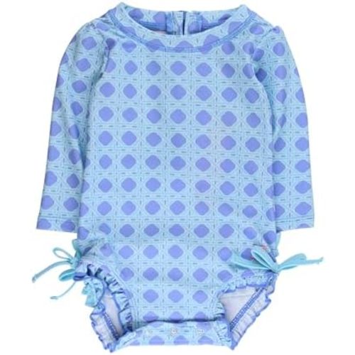 RuffleButts Baby Girls UPF 50+ Sun Protection Floral Printed Long Sleeve One Piece Rash Guard Swimsuit with Zipper