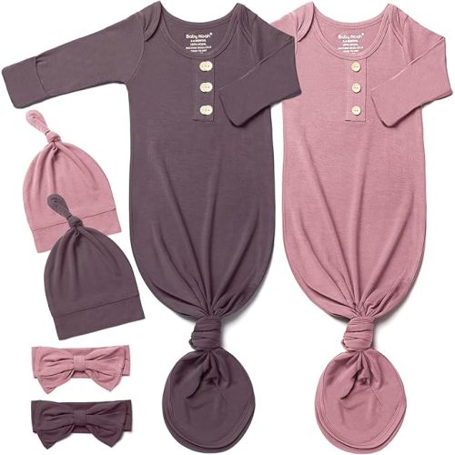 Baby Noah Newborn Knotted Gown Set with Hat and Headband, Soft Tie Bottom Newborn Sleepers for Baby Girl Boy (2 Packs)