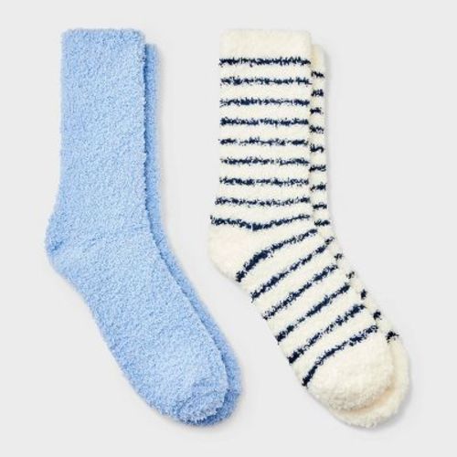Women's 2pk Striped Chenille Mari Cozy Socks - Auden™ Navy/Solid Bauble Blue 4-10