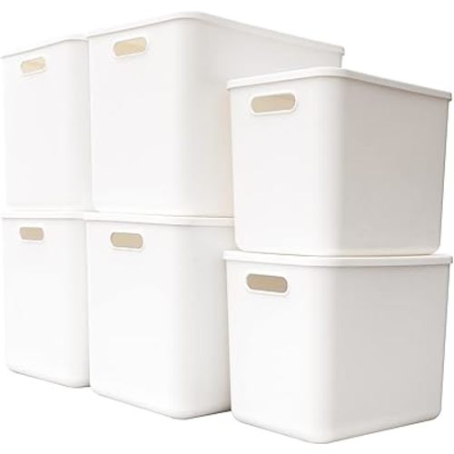 Plastic Storage Baskets Bins Boxes With Lids,Organizing Container White Storage Organizer Bins For Shelves Drawers Desktop Playroom Classroom Office,6-Pack(4XL+2L)