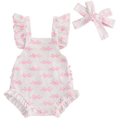 ​Infant Baby Girl Summer Clothes Outfits Cute Print Fly Sleeve Romper Jumpsuit Bodysuit with Headband
