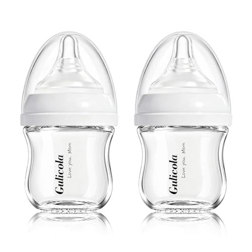 Gulicola Small Glass Baby Bottle for Newborn Breastfeeding Babies, Preemie & Extra Slow Flow Nipples (SS), Anti-Colic, Breast-Like, 0 Months+, 3 oz, 2 Pack - White