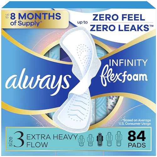 Always Infinity Feminine Pads for Women, Flexfoam Pads with Wings, Size 3, Extra Heavy Absorbency, Unscented, 84 Count (3 Packs of 28)