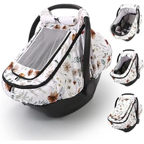Car Seat Cover Baby Girls, Infant Car Seat Canopy Outdoor, 2 Layers with Mesh and Sun Shade Window for Summer Winter, Easy Access Carseat Covers Snug Fit Baby Stroller - Brown Wildflower