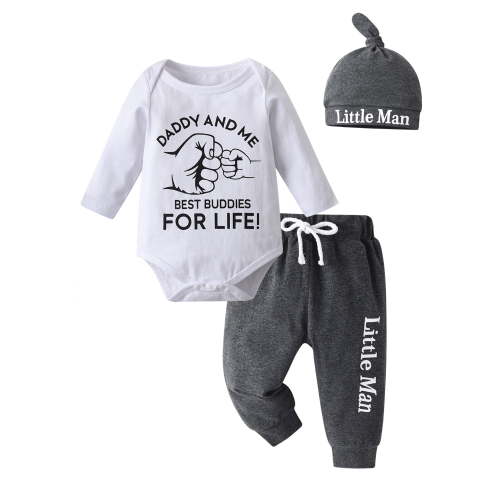 Newborn Baby Boy Clothes Letter Long Sleeve Romper + Pants + Hat 3PCS Outfits Set White & Black 0-3 Months