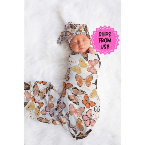 Personalized Butterfly Swaddle and bow set newborn, Swaddle and hat set girl hospital reveal outfit, baby shower gift, stretchy swaddle