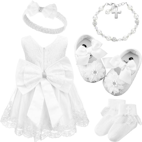 5 Pcs Baby Girl Baptism Outfit Includes Lace Christening Dresses Bowknot Headwear Cross Charm Bracelet Socks Shoes