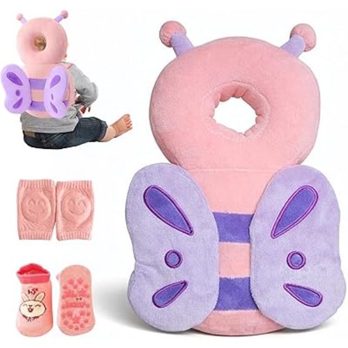 HippoBaby Baby Head Protector Backpack, Soft & Breathable Cushion for Toddlers, Adjustable Straps, Cartoon Safety Pillow for Crawling & Walking, Infant Protection for Head & Back (Butterfly)