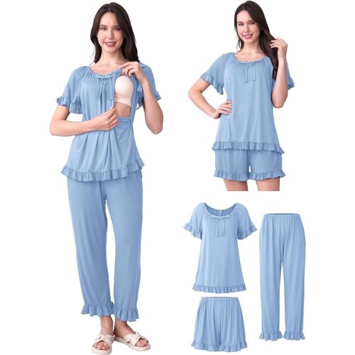 SUNNYBUY 3Pcs Ruffle Trim Postpartum Nursing Pajamas Set with Bowknot, Maternity Breastfeeding PJS Pregnancy Sleepwear