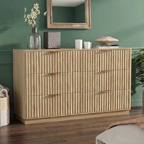 VOWNER Fluted 6 Drawers Dresser for Bedroom, 54" Wide Modern Chest of Drawers with Metal Handle, Closet Clothes Storage Organizer, Wood Dresser TV Stand for Living Room, Closet, Hallway, Entryway