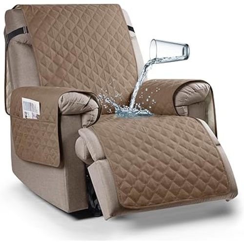Ruaozz 100% Waterproof Recliner Chair Cover Non-Slip Oversized Reclining Cover for Large Recliner Chair Washable Chair Seat Cover with Elastic Straps for Kids, Dogs, Pets (Light Brown, 28'')