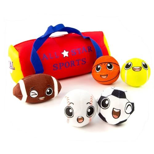 My First Sports Bag with 5 Plush Sports Balls - Rattle Ball with Sound - Sensory Toys for 1 Year Old - Toys for Toddler - Rattles Gift for 1 Year Old