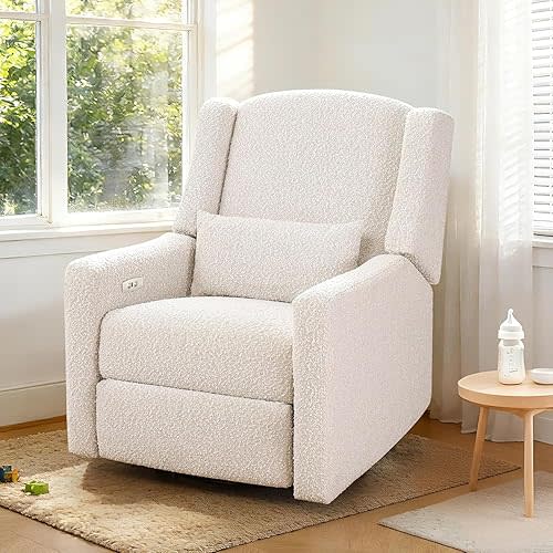 Power Recliner Chair Swivel Gilder Rocking Chairs Skin-Friendly Power Recliner Nursery Chair for Adults with Waist Pillow, USB Charging (Beige, Only Recliner Chair)