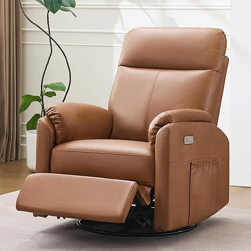 Reedvales Power Glider Recliner Nursery Rocking Chair with USB Ports, Glider Chair with Lumbar Pillow for Living Room, Glider Swivel Recliner Chair for Nursery(Brown)