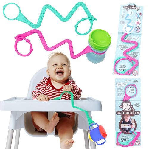 Brilli Baby Cup Catcher Patented Safety Tether Strap, Attach Sippy Cups, Bottles, Pacifiers & More to Stroller, High Chair, Car Seat, Made in USA, Food Grade, Dishwasher Safe (Aqua & Pink)