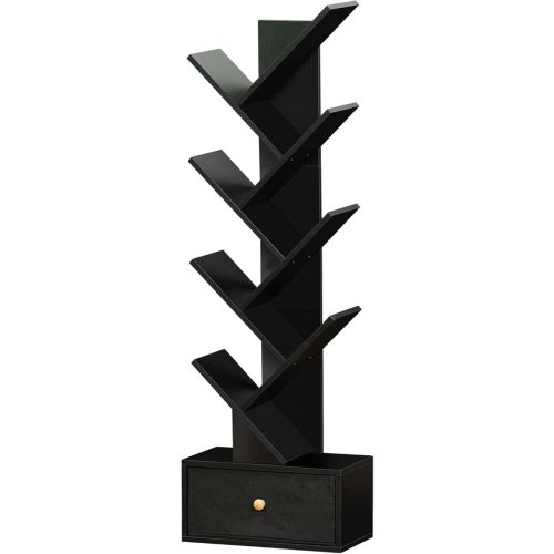 8 Tier Tree Bookshelf with Drawer, Free Standing Wood Bookcase for Living Room, Bedroom, Home Office, Space Saving Storage Organizer Bookshelves for Books, CDs, Vinyl Records- Black