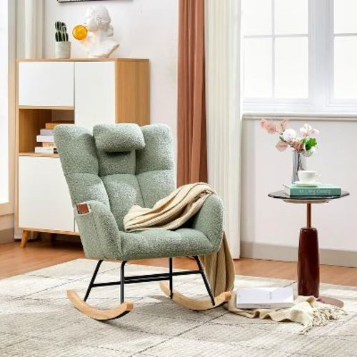 Leather Glider Chair, Nursery Faux Leather Glider Chair with Rubber Wood Legs and Side Pocket, Rocking Accent Armchair for Living Room