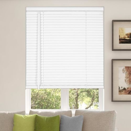 Calyx INTERIORS Room Darkening Vinyl Mini Blinds, Cordless, 1" Slat, 26.5" W x 60" H, White. Inside Mount in Windows 26.75in. and Greater; Indoor Window Shades