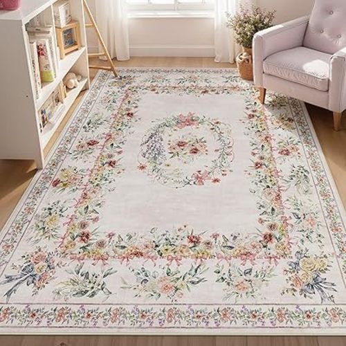Joydeco Floral Bow Pink Rug for Bedroom, Washable 5x7 Area Rug for Girls Nursery Playroom, Ultra-Thin Non Slip Soft Boho Carpet for Kids Room Dorm Living Room, Light Pink