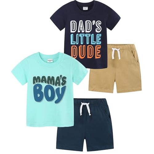 Funnymore Toddler Boy Clothes 4 Pieces Cotton Spring Summer Short Sleeve T-Shirt And Shorts Clothing Set 2-7T
