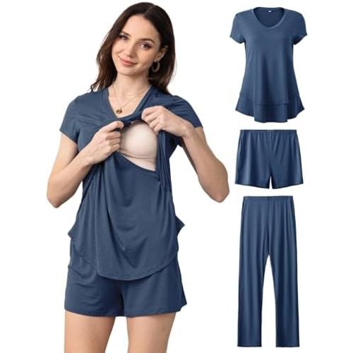 SUNNYBUY 3 PCS Maternity Breastfeeding Pajamas Set, Hidden Nursing Tops, Adjustable Pregnancy Shorts & Pants Postpartum PJS