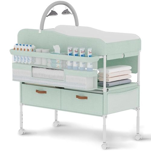 Diaper Changing Station, Portable Changing Table for Baby, Diaper Changing Table with Storage Drawers, Waterproof Baby Changing Station with Wheels and Adjustable Height for Newborn Infant (Green)