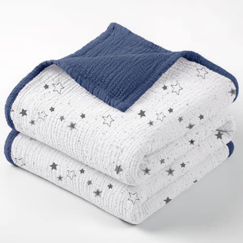 lulumoon Muslin Baby Blanket for Boys: Cotton Toddler Blanket for Daycare | Soft Reversible Crib Bedding for Baby with Star - Lightweight for Stroller, Car seat & Travel, 47"x47"(Starry Sky)