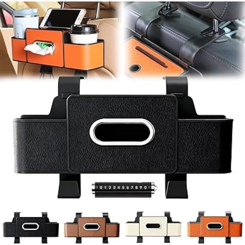 Wtujil 3-in-1 Car Backseat Organizer, 2026 New Multifunctional Car Seat Back Storage Box, Car Back Seat Organizer with Tissue, for Hold Phone, Drinks, Handbag, with 2 Cup Holders & Hooks (Black, 1PC)