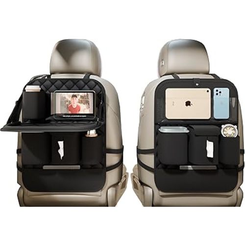 XDV Car Seat Organizers,Multi-functional Back Seat Protectors, Storage Pouches, Child kicking prevention and Tray Holders Kick Mats Back (for Cars, Kids,and Rear Seats) (Black, 2 Pack with Food Tray)