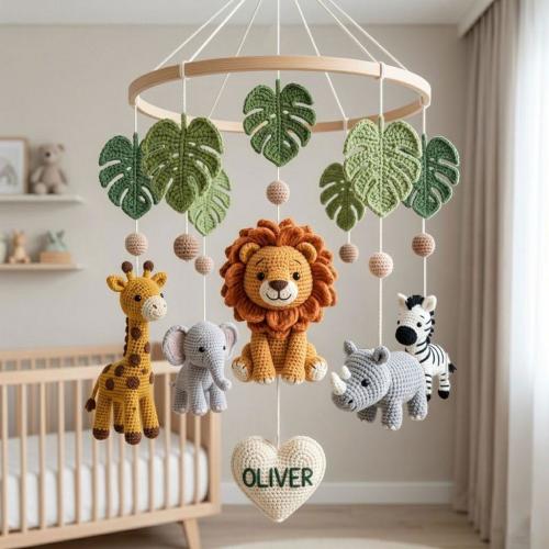 Safari Animal Nursery Mobile, Crochet Jungle Crib Decor Savanna Baby Shower Gift Personalized Lion Elephant Giraffe Hippopotamus Baby Mobile