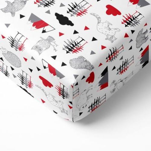 Bacati - Woodland Animals Red Black Gray Printed 100 percent Cotton Universal Baby US Standard Crib or Toddler Bed Fitted Sheet