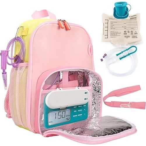 Feeding Tube Backpack Fits 500ml Bag and Enteral Feeding Pump (Compatible with EnteraLite Infinity, Flocare Infinity and Kangaroo Joey), Feeding Tube Bag for G Tube, J Tube and GJ Tube, Pink