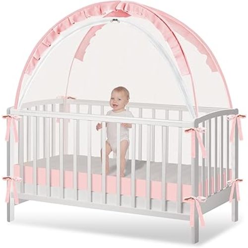 Crib Tent - Crib Net to Keep Baby in, Stop Baby from Climbing Out of Crib, Pop Up Crib Tent with Durable Breathable Net Double Zipper Strong Rods Installation Convenience