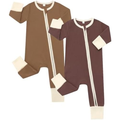 Bafeicao Baby Boy Girl 2 Pack Rompers with Mitten Cuffs, Ribbed Cotton 2 Way Zipper Romper One Piece Jumpsuits Clothes
